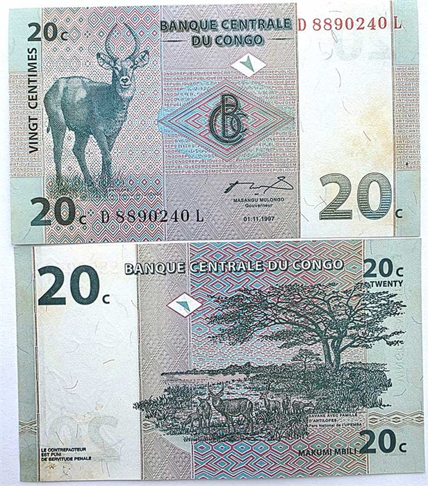 Банкнота 20 сантим - Конго, 1997 год 14400