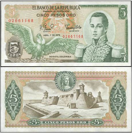 Банкнота 5 песо - Колумбия, 1979 год, UNC 16889