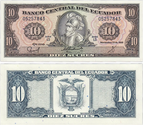Банкнота 10 сукре - Эквадор, 1988 год, UNC 16966