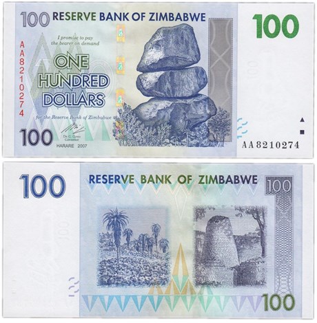 Банкнота 100 долларов - Зимбабве, 2007 год, UNC 17219