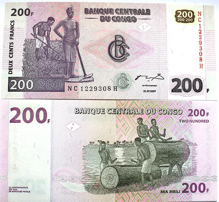 Банкнота 200 франков 2007 года - ДР Конго, UNC 10945